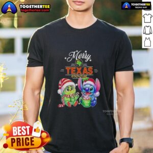 Cute Baby Grinch And Stitch X Texas Roadhouse Merry Christmas T-Shirt