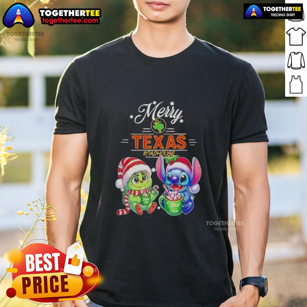 Cute Baby Grinch And Stitch X Texas Roadhouse Merry Christmas T-Shirt