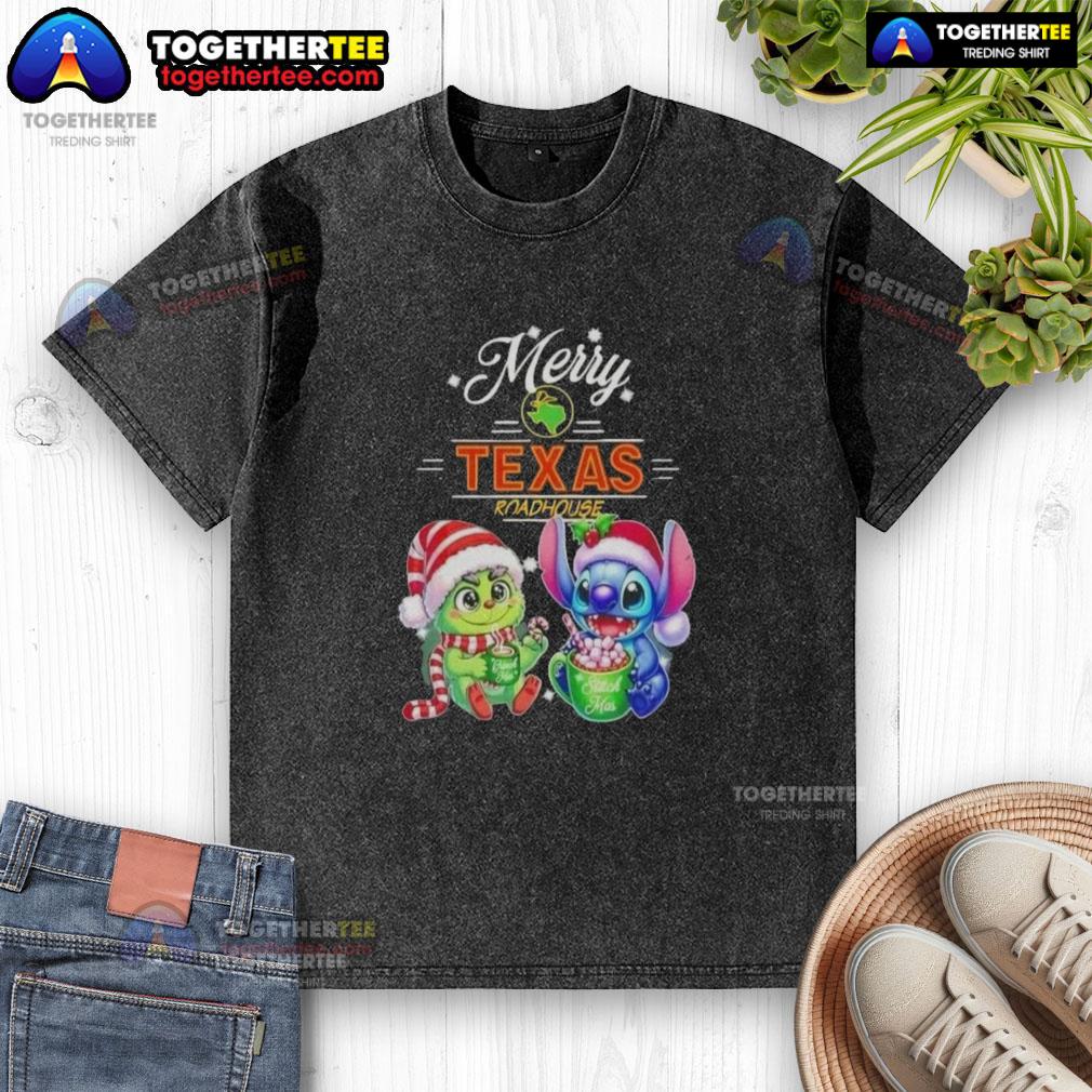 Cute Baby Grinch And Stitch X Texas Roadhouse Merry Christmas T-Shirt - Image 6