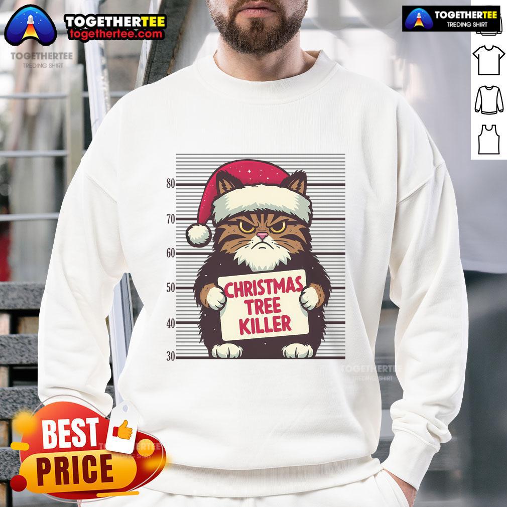 Funny Cat Christmas Tree Killer Mug Shot Merry Christmas Cat Red Santa Hat T-Shirt - Image 5