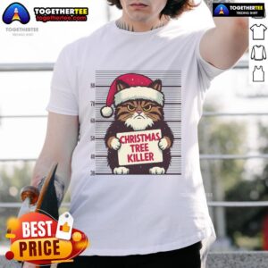 Funny Cat Christmas Tree Killer Mug Shot Merry Christmas Cat Red Santa Hat T-Shirt