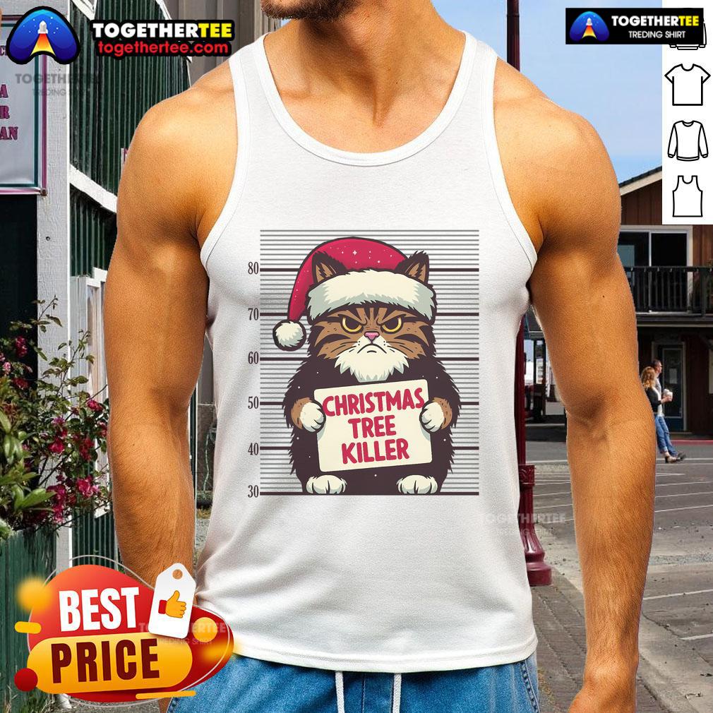 Funny Cat Christmas Tree Killer Mug Shot Merry Christmas Cat Red Santa Hat T-Shirt - Image 4
