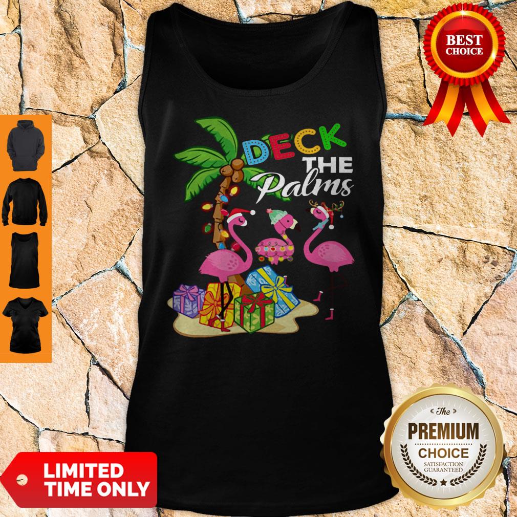 Official Deck The Palms Merry Flamingo Christmas Shirt - Image 4