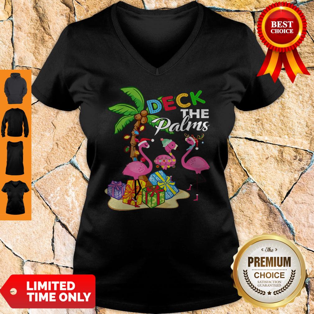 Official Deck The Palms Merry Flamingo Christmas Shirt - Image 3