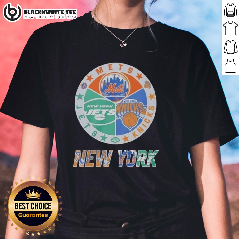 Official New York Mets New York Jets New York Knicks Mashup Logo T-Shirt - Image 3