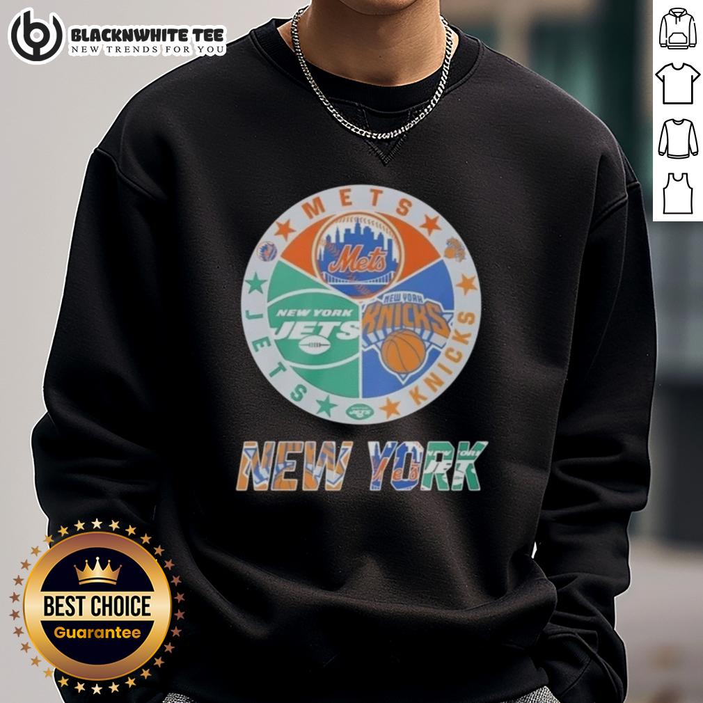 Official New York Mets New York Jets New York Knicks Mashup Logo T-Shirt - Image 5