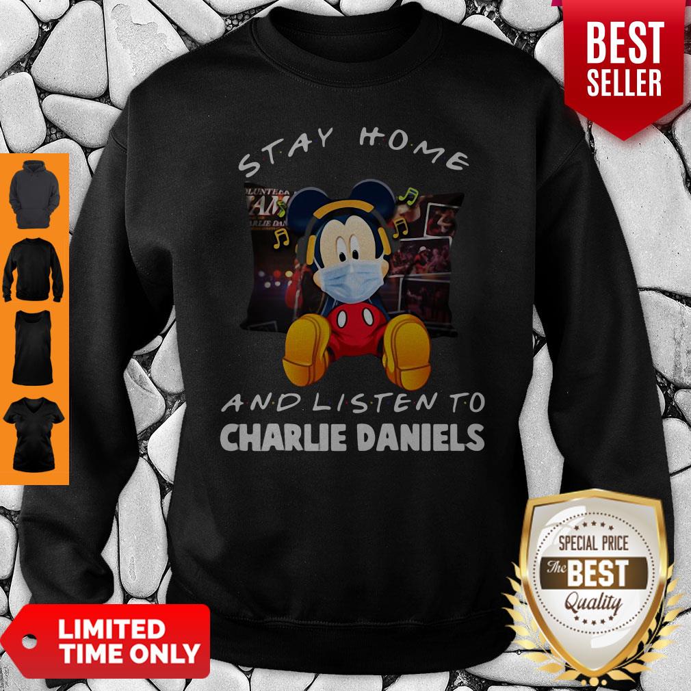 Premium Mickey Mouse Mask Stay Home And Listen To Charlie Daniels Shirt - Image 3