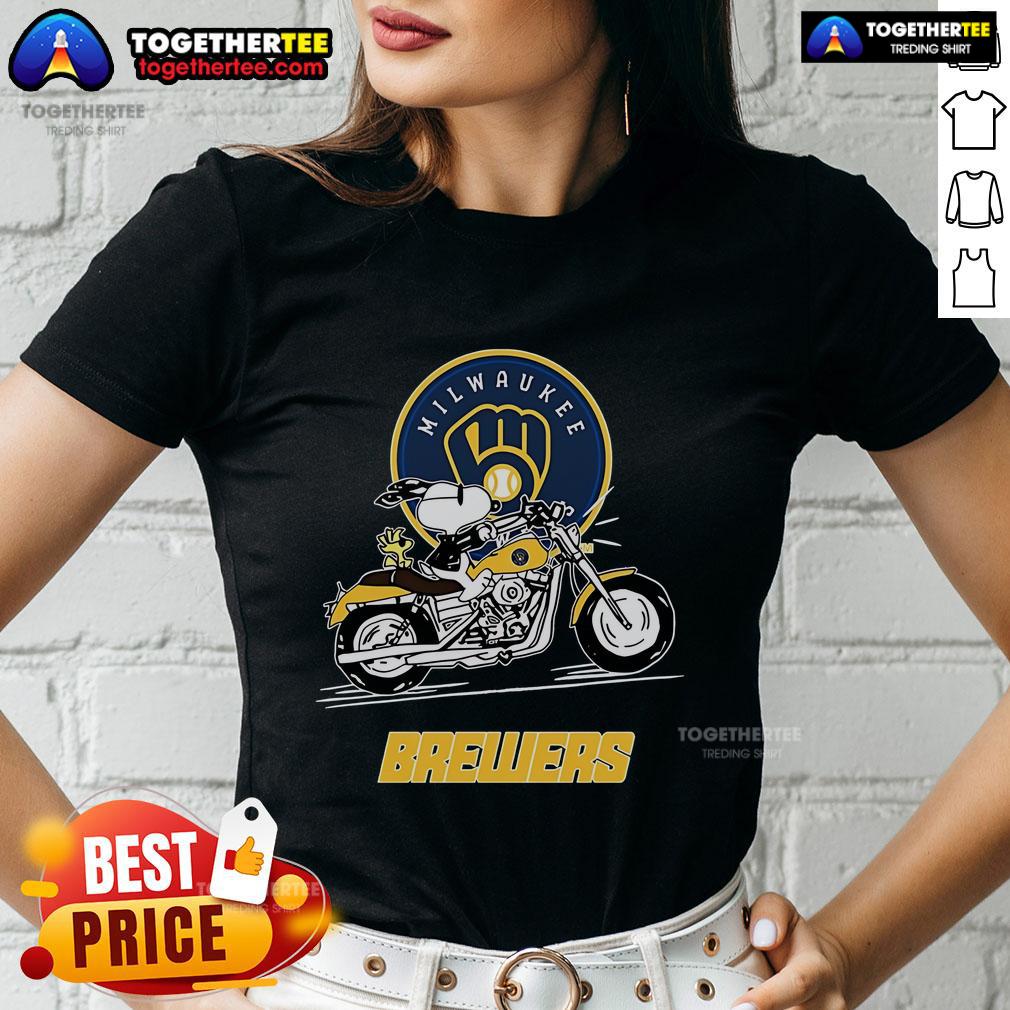 Original Snoopy And Woodstock Driving Motorbike Milwaukee Brewers T-Shirt - Image 3