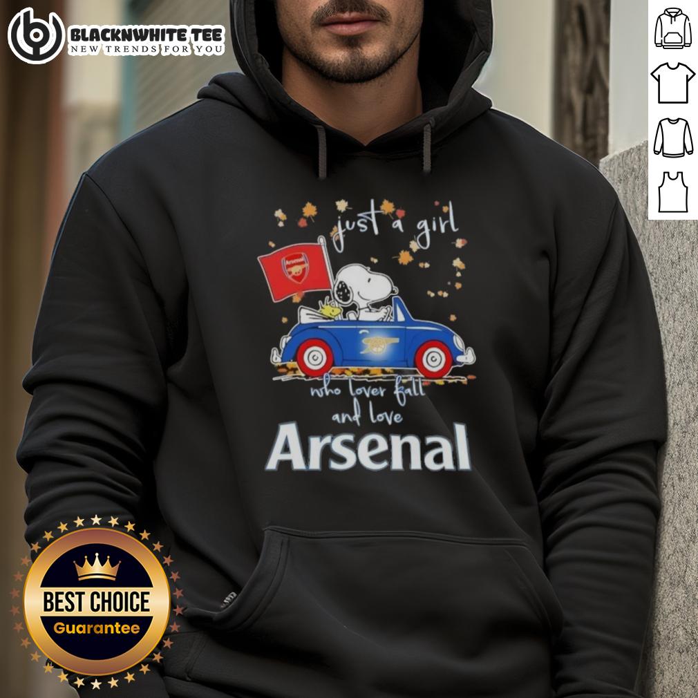 Top Peanuts Snoopy Driving Car Just A Girl Who Lover Fall And Love Arsenal FC T-Shirt - Image 2