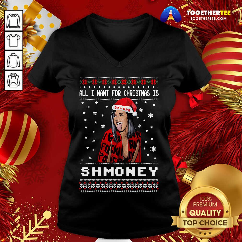 Funny Cardi B All I Want For Christmas Is Shmoney Ugly Christmas Shirt - Image 2