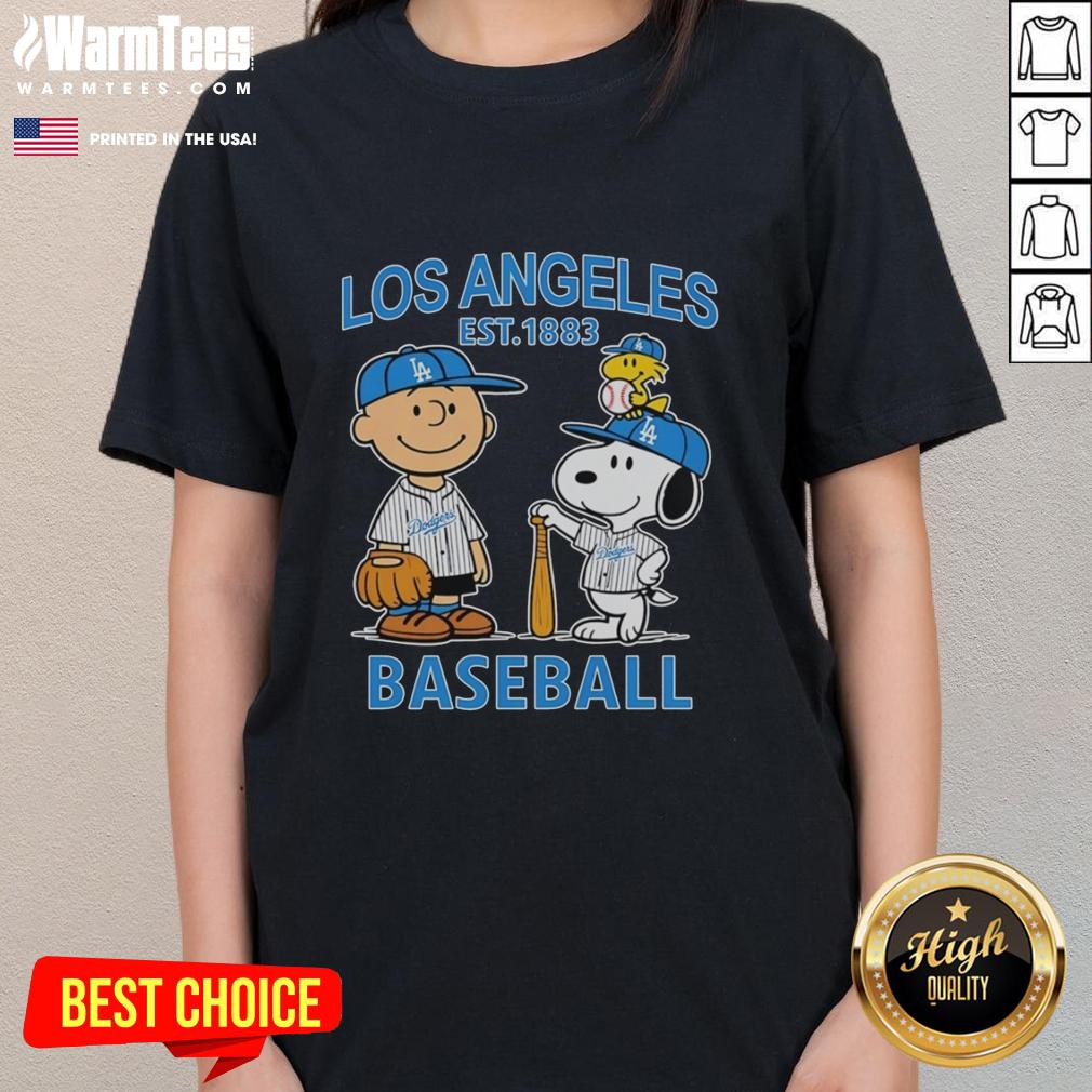 Nice Charlie Brown Snoopy And Woodstock With Los Angeles Dodgers Baseball Jersey Est 1883 T-Shirt - Image 3