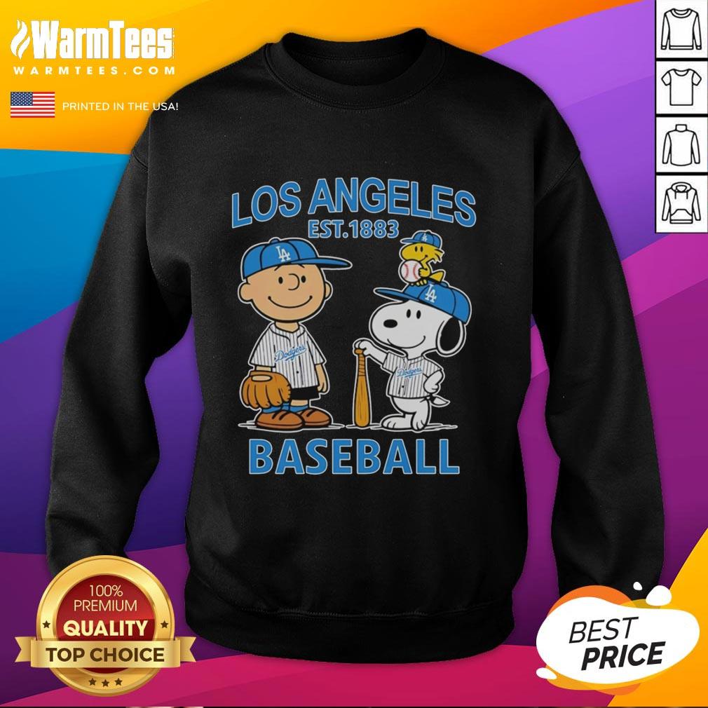 Nice Charlie Brown Snoopy And Woodstock With Los Angeles Dodgers Baseball Jersey Est 1883 T-Shirt - Image 5