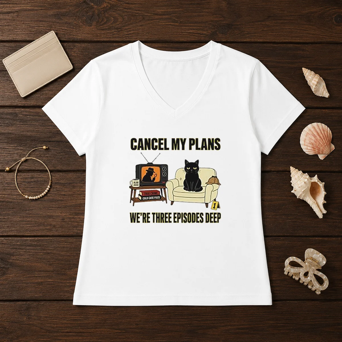 Official Cancel My Plans We Are Three Episodes Deep True Crime Black Cat Mystery Shirt - Image 2