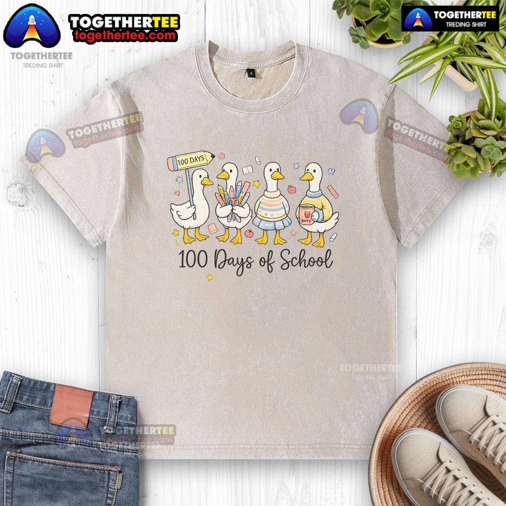 Hot 100 Days Of School Ducks Cute Goose Teacher 100th Day T-Shirt - Image 6