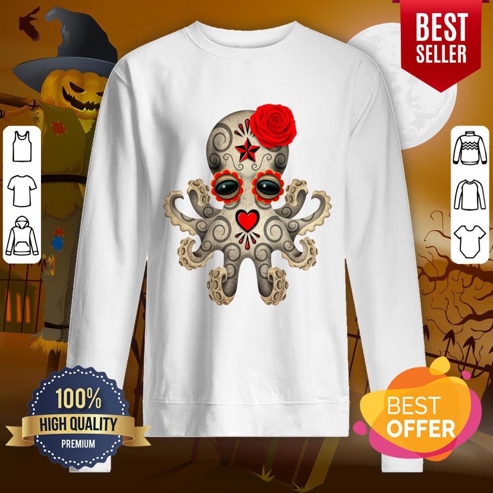 Red Day Of The Dead Muertos Sugar Skull Baby Octopus Shirt - Image 4