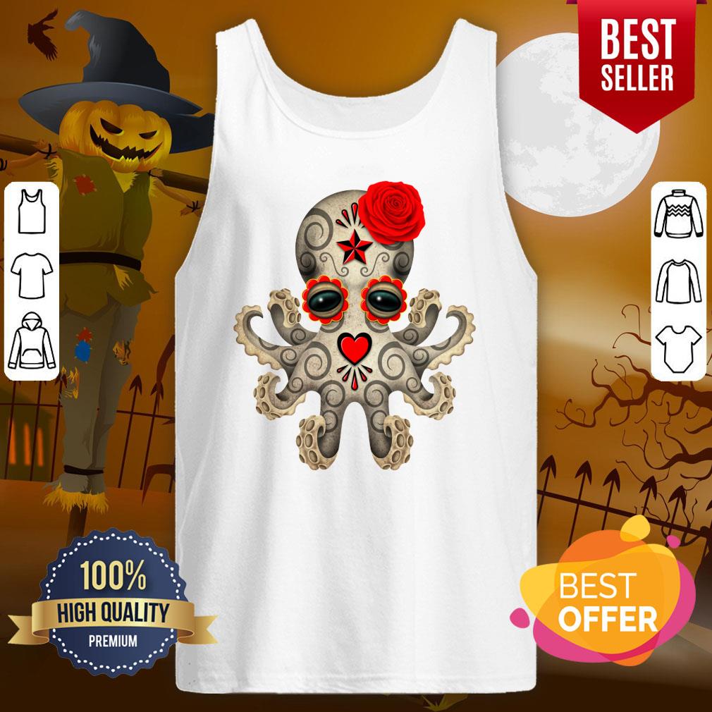 Red Day Of The Dead Muertos Sugar Skull Baby Octopus Shirt - Image 3