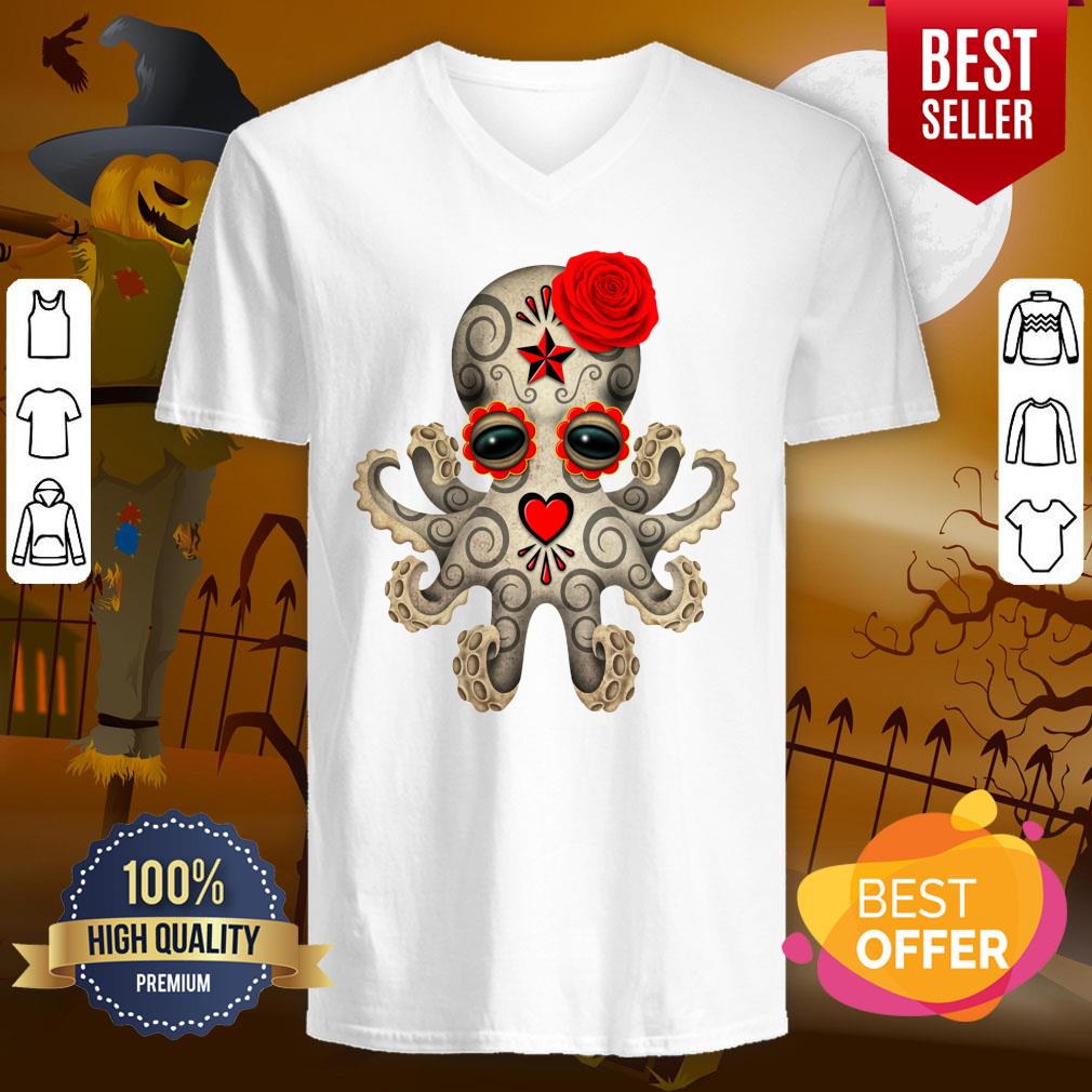 Red Day Of The Dead Muertos Sugar Skull Baby Octopus Shirt - Image 2