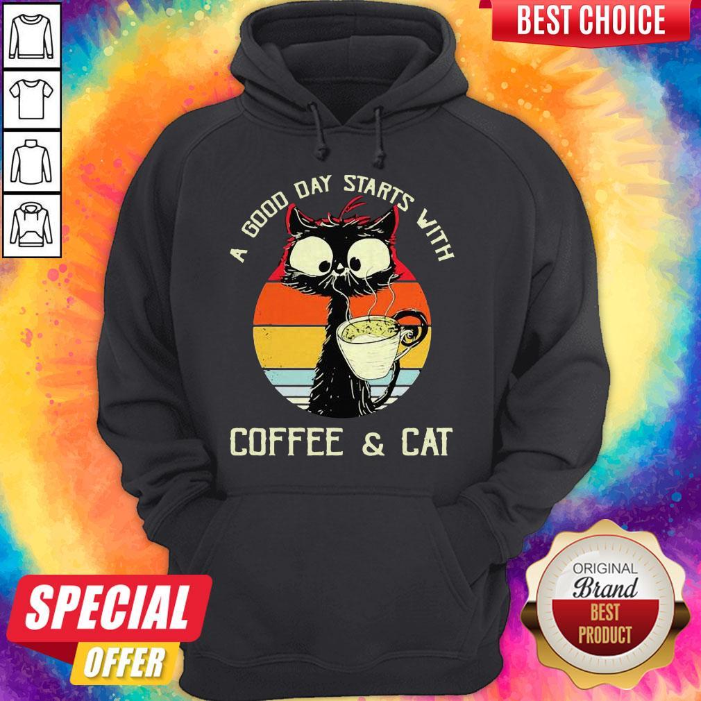 Black Cat A Good Day Starts With Coffee And Cat Vintage Retro Shirt - Image 5