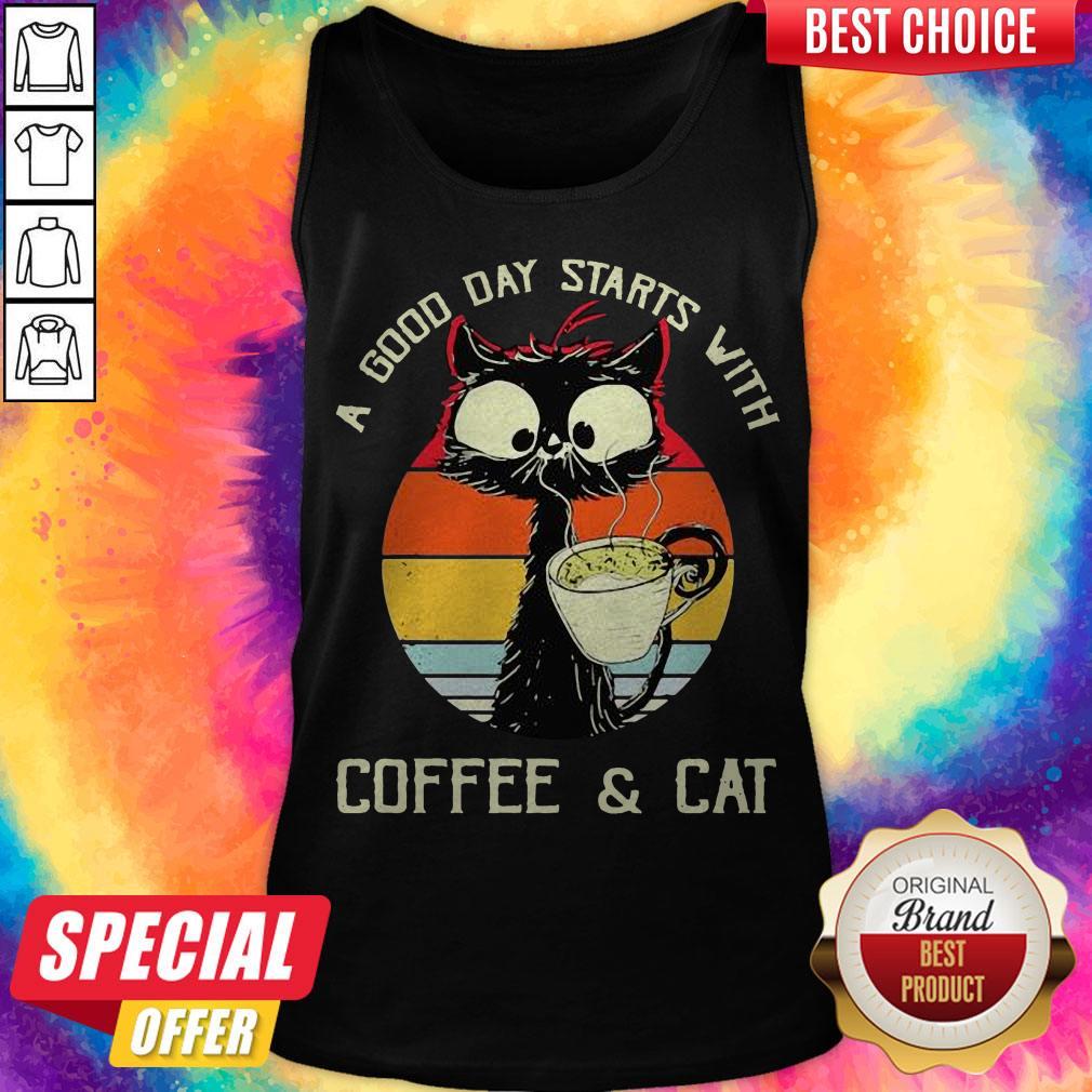 Black Cat A Good Day Starts With Coffee And Cat Vintage Retro Shirt - Image 3