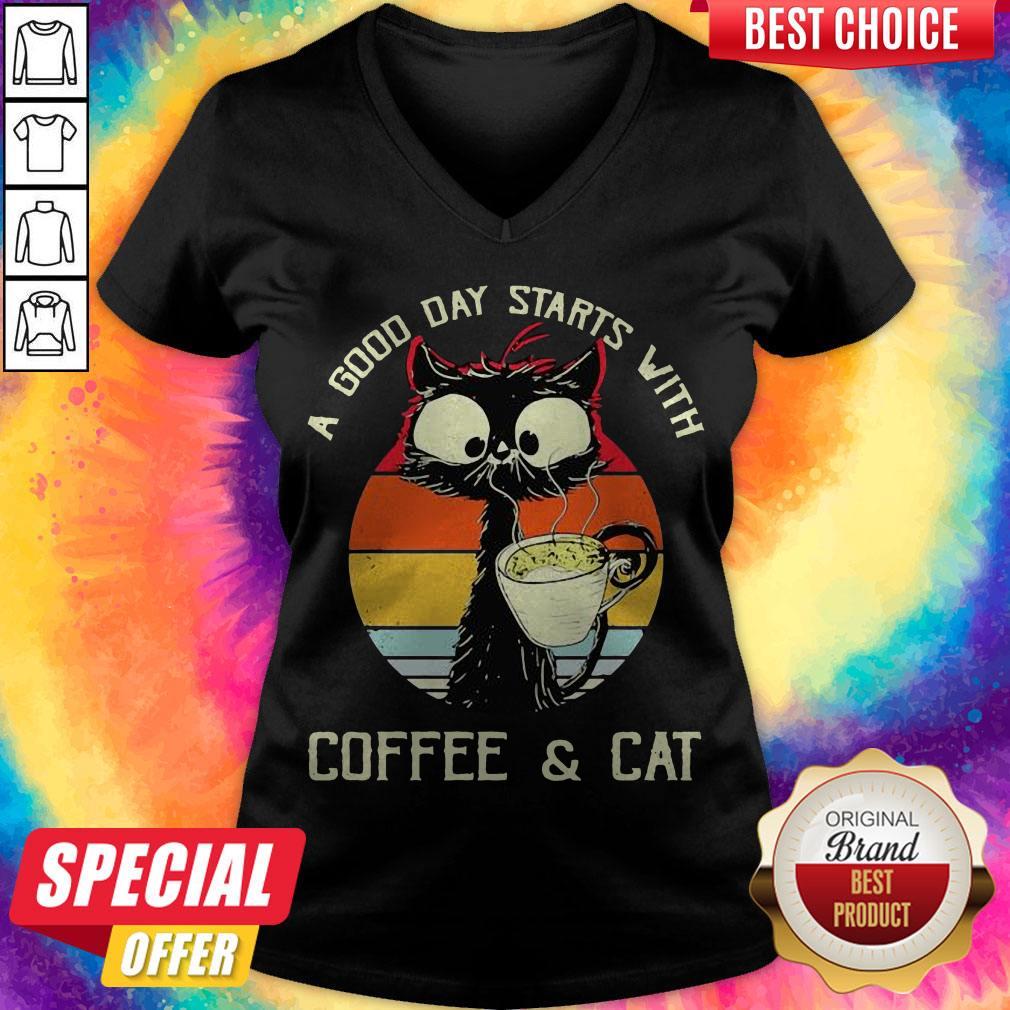 Black Cat A Good Day Starts With Coffee And Cat Vintage Retro Shirt - Image 2