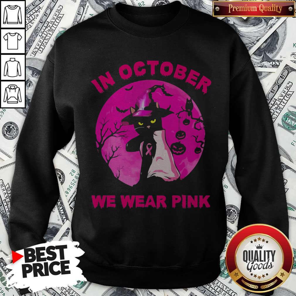 In October We Wear Pink Cat Moonlight Halloween Shirt - Image 2