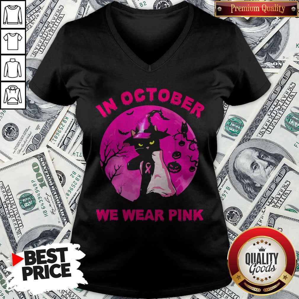 In October We Wear Pink Cat Moonlight Halloween Shirt - Image 4