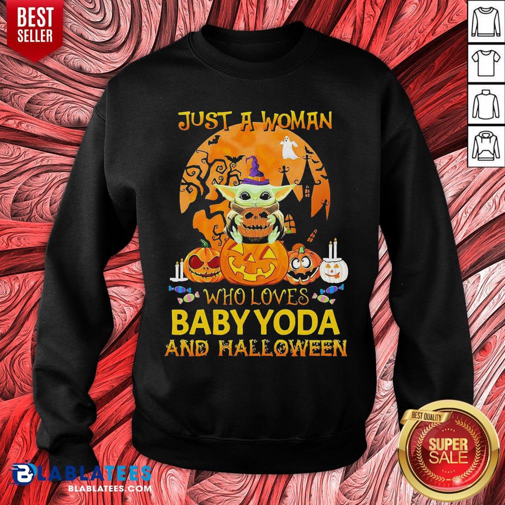 Just A Woman Who Loves Baby Yoda And Halloween Shirt - Image 2