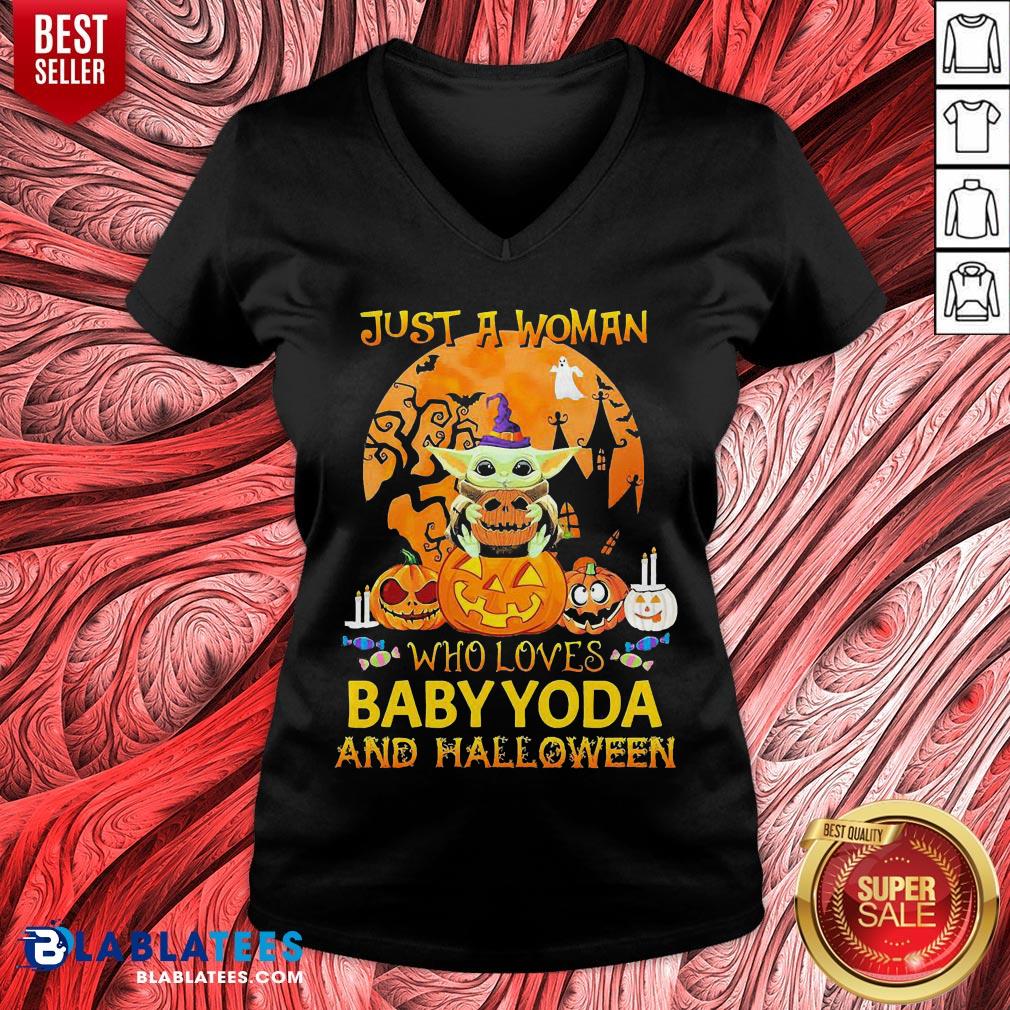 Just A Woman Who Loves Baby Yoda And Halloween Shirt - Image 4