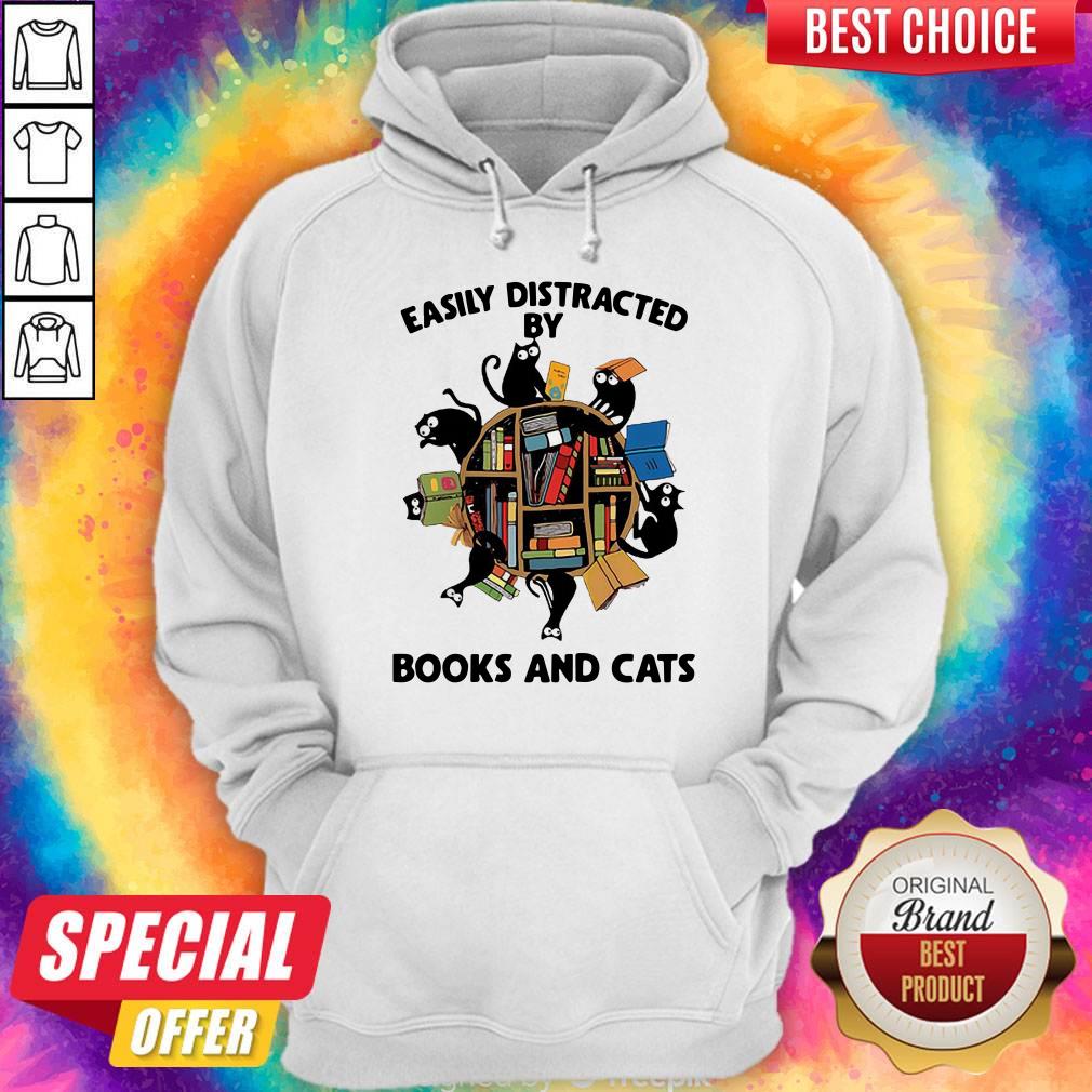 Librarian Easily Distracted By Books And Cats Black Shirt - Image 3