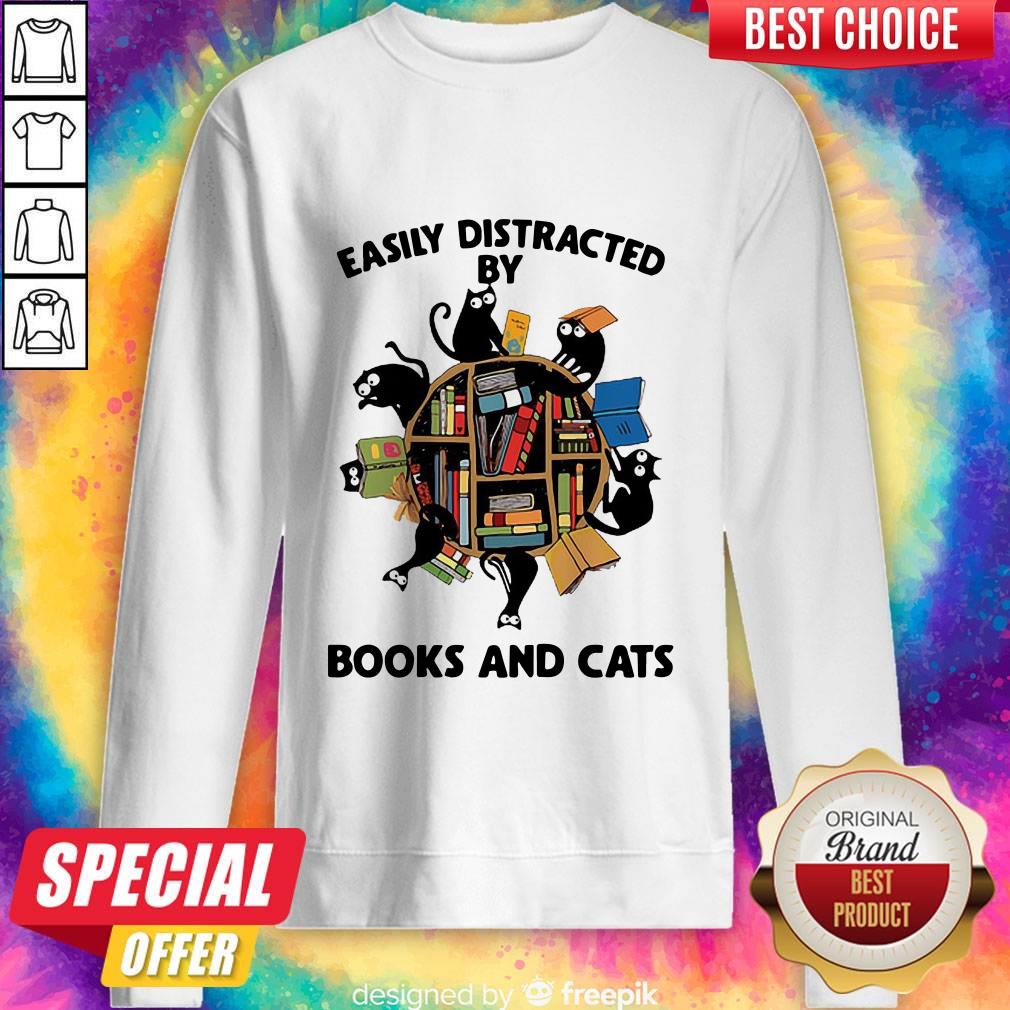 Librarian Easily Distracted By Books And Cats Black Shirt - Image 5