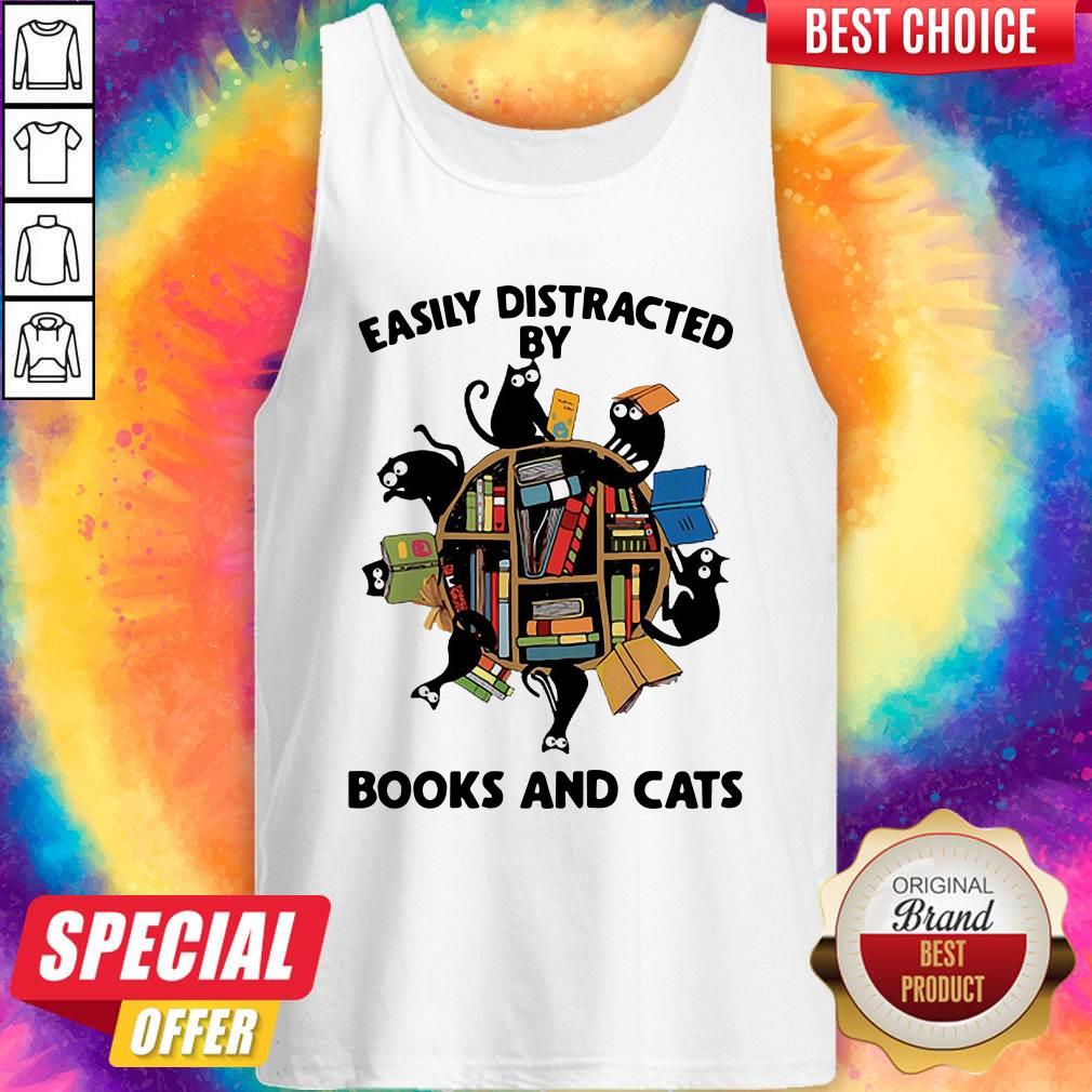 Librarian Easily Distracted By Books And Cats Black Shirt - Image 4