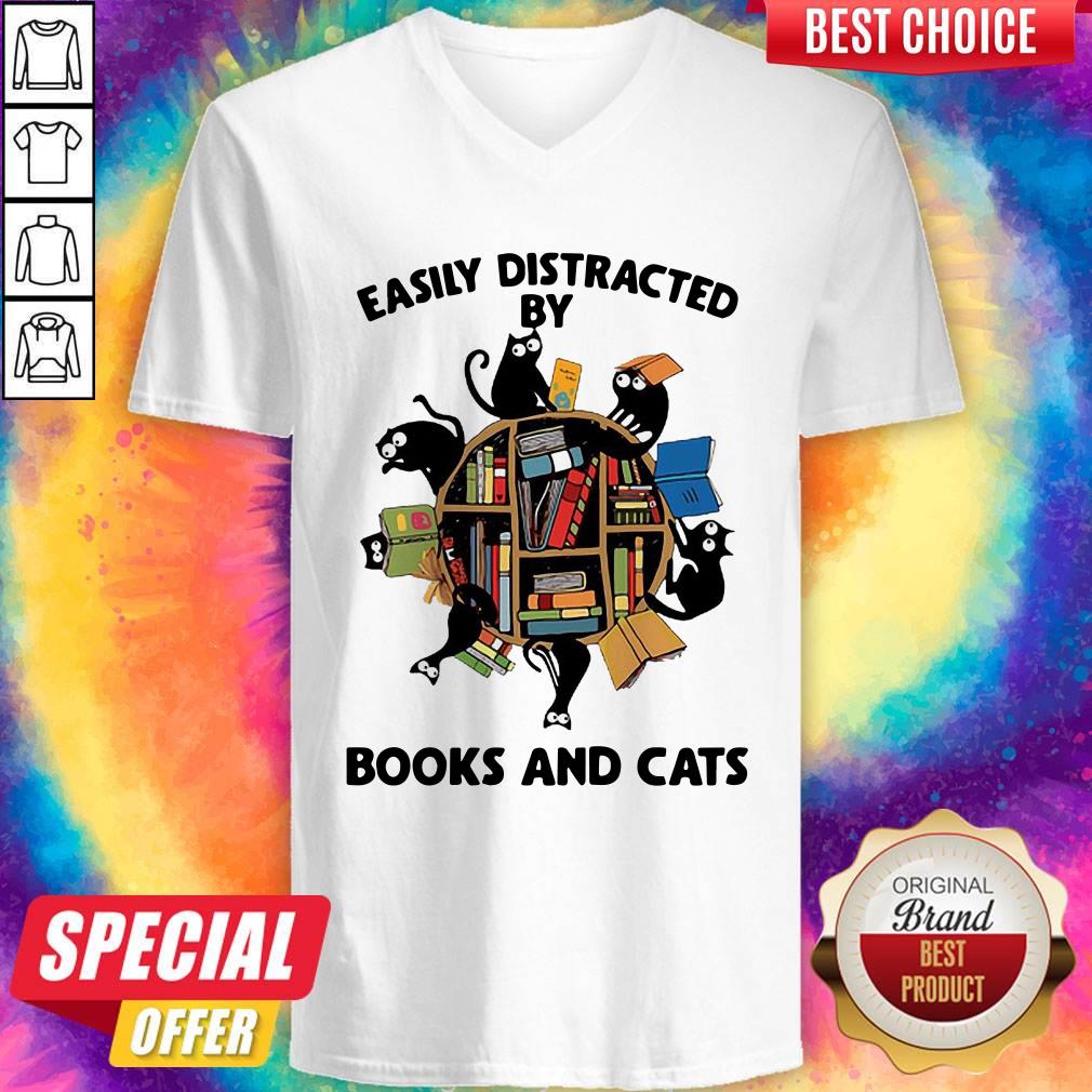 Librarian Easily Distracted By Books And Cats Black Shirt - Image 2