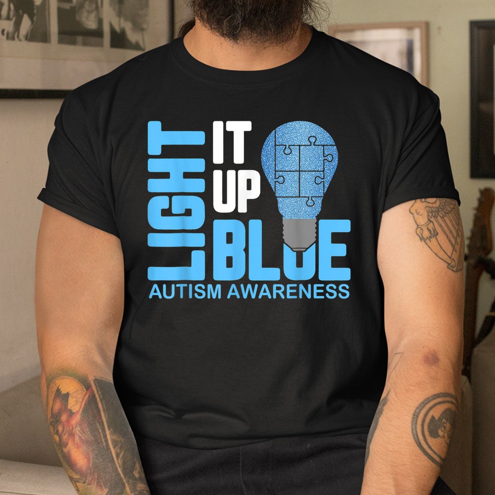 Light It Up Blue Autism Awareness Puzzle Piece Ribbon Shirt - Image 3