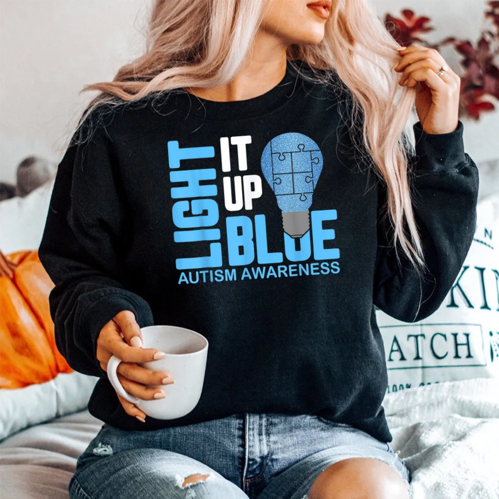 Light It Up Blue Autism Awareness Puzzle Piece Ribbon Shirt - Image 2