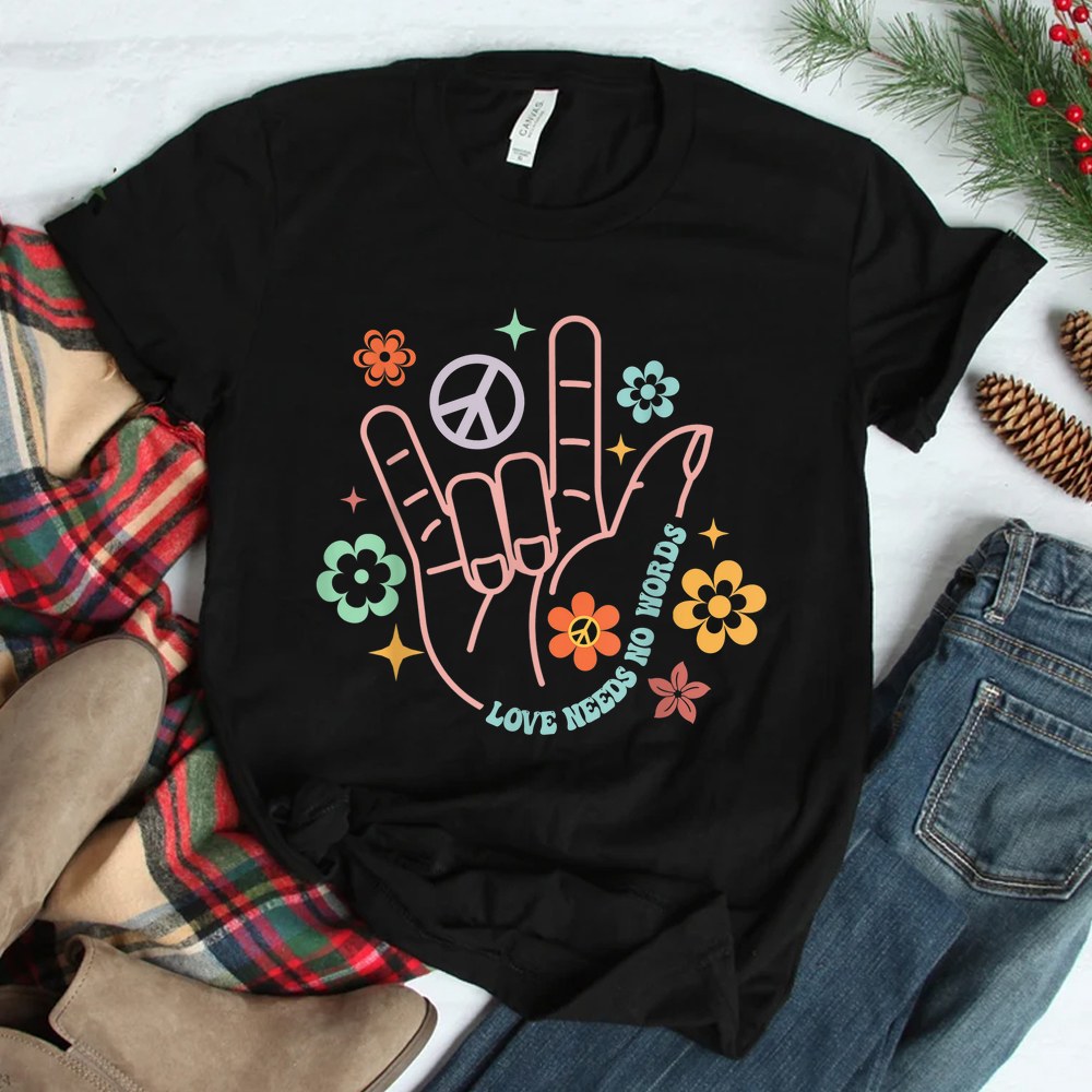 Love Needs No Words Retro Hand Sign Groovy Autism Awareness Shirt