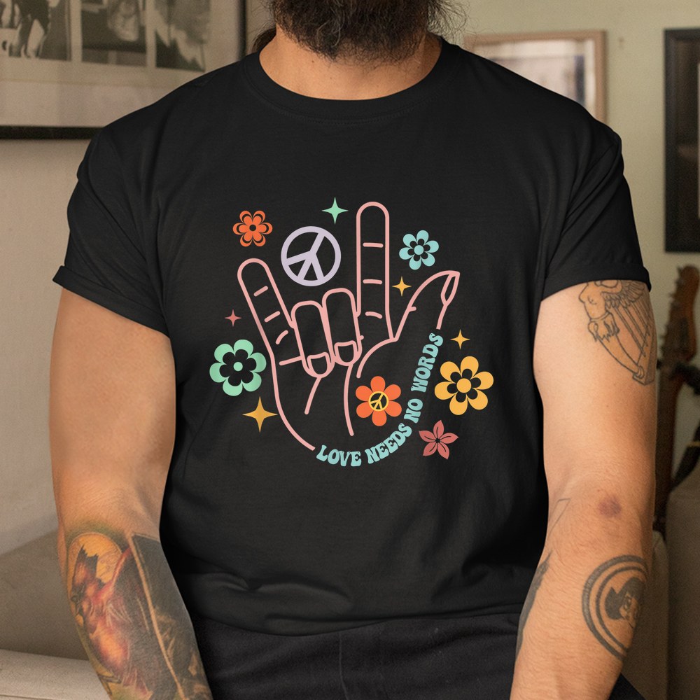 Love Needs No Words Retro Hand Sign Groovy Autism Awareness Shirt - Image 3