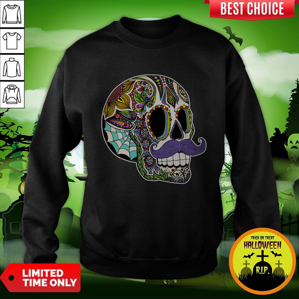 Mustache Sugar Skull Color Day Of The Dead Dia De Los Muertos Shirt - Image 4