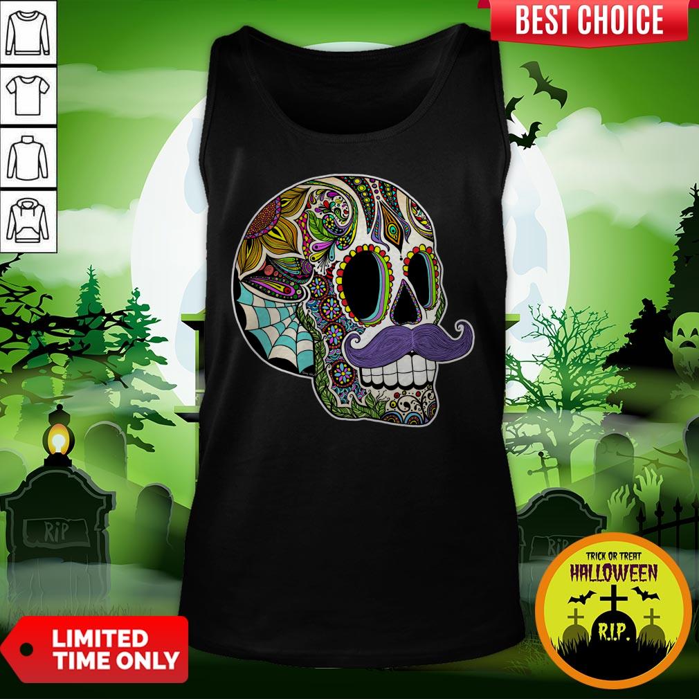 Mustache Sugar Skull Color Day Of The Dead Dia De Los Muertos Shirt - Image 3