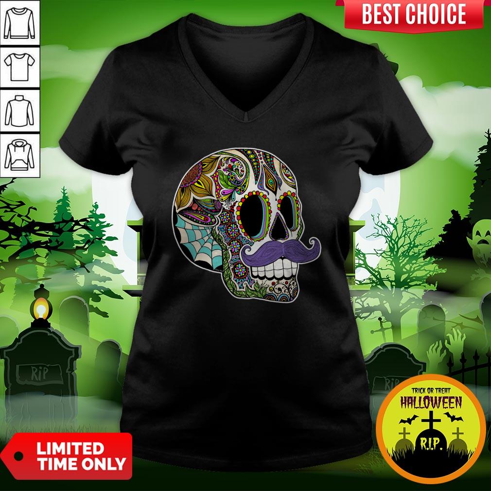 Mustache Sugar Skull Color Day Of The Dead Dia De Los Muertos Shirt - Image 2