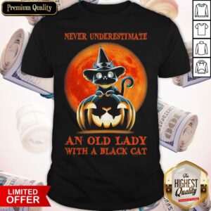 Never Underestimate An Old Lady With A Black Cat Pumpkin Sunset Halloween Shirt