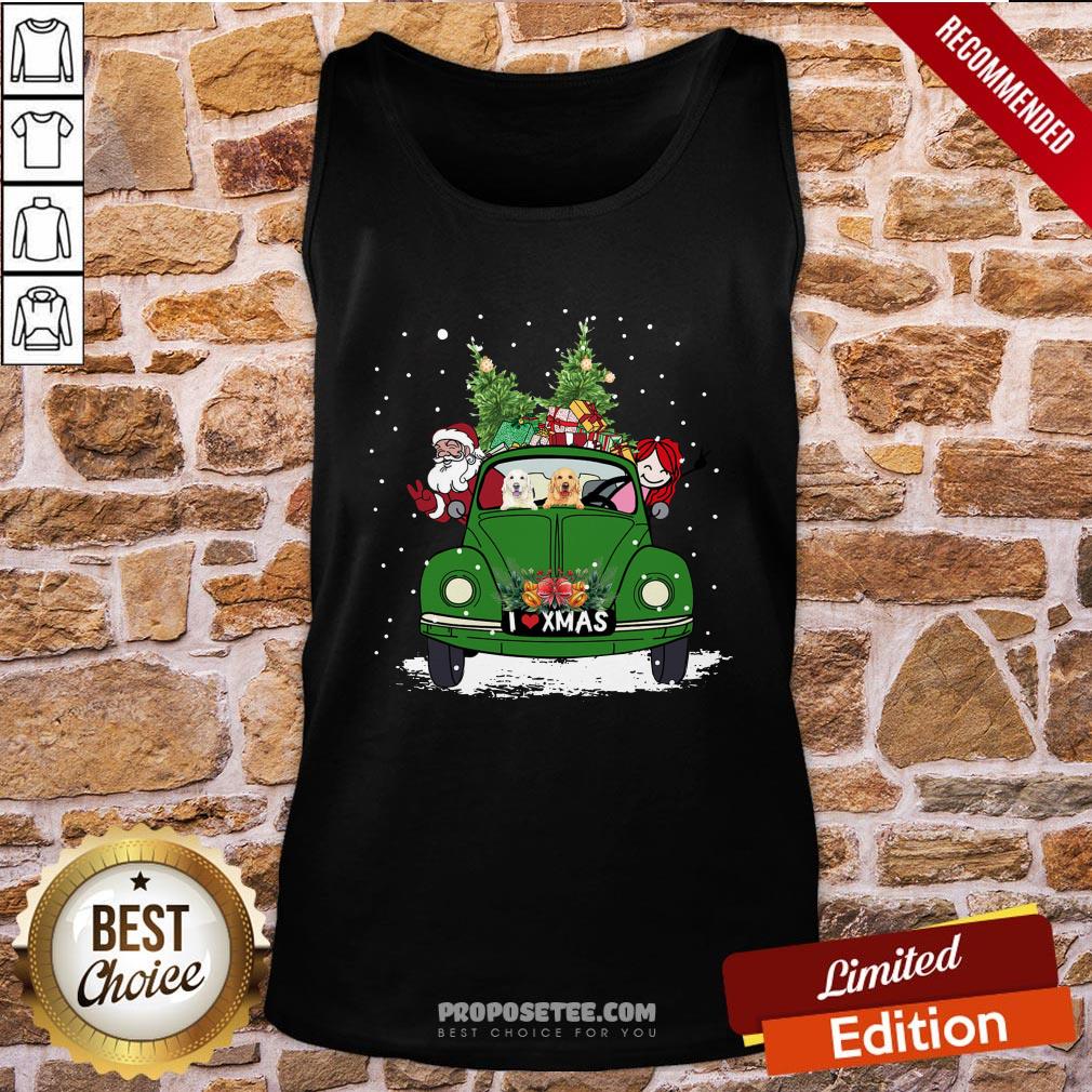 Nice A Girl Her Golden Retriever Dog And Santa Claus I Love Xmas Christmas Tree Shirt - Image 3