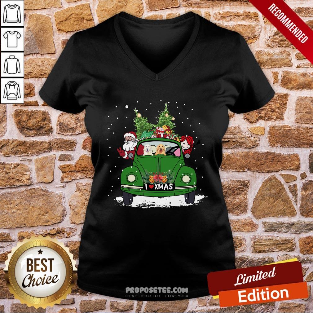 Nice A Girl Her Golden Retriever Dog And Santa Claus I Love Xmas Christmas Tree Shirt - Image 2