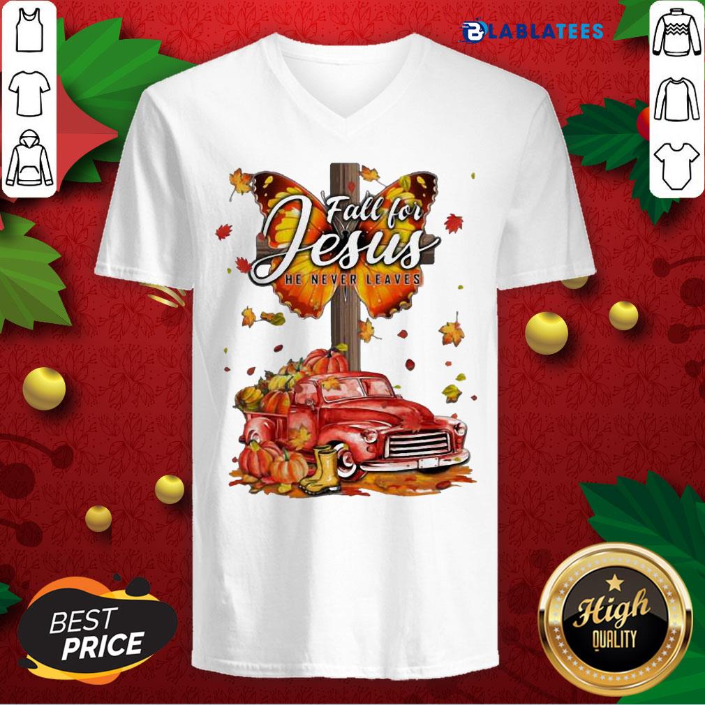 Nice Car Pumpkin Cross Butterfly Fall For Jesus He Never Leaves Wonderful Fall Shirt - Image 4