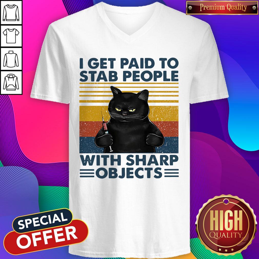 Nice Funny Black Cat Nurse I Get Paid To Stab People With Sharp Objects Vintage Shirt - Image 4