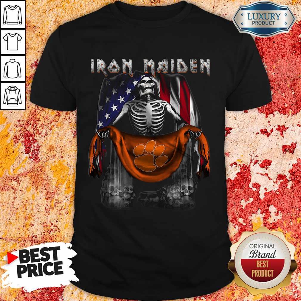 Nice Skeleton Iron Maiden Clemson Tiger Logo American Flag Independence Day Shirt
