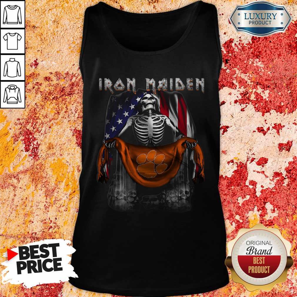 Nice Skeleton Iron Maiden Clemson Tiger Logo American Flag Independence Day Shirt - Image 3