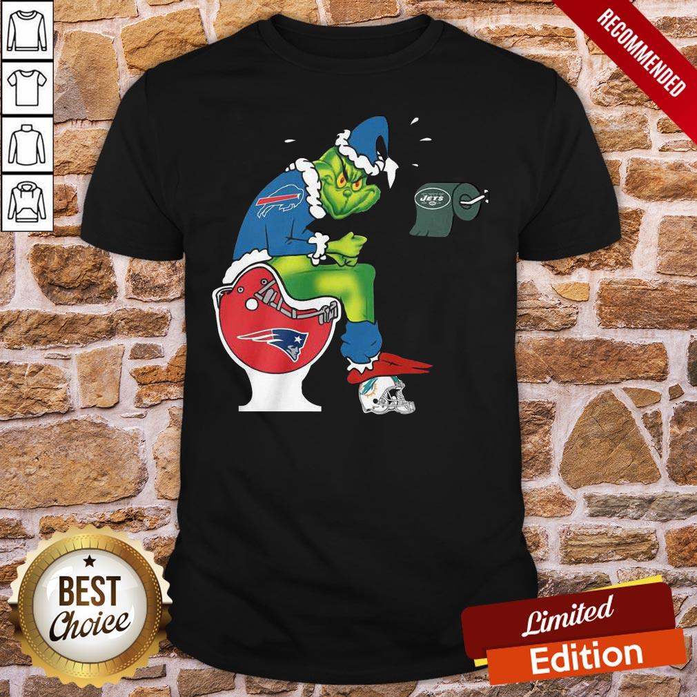 Nice The Grinch Buffalo Bills Shit On Toilet New England Patriots And Other Teams Christmas Shirt
