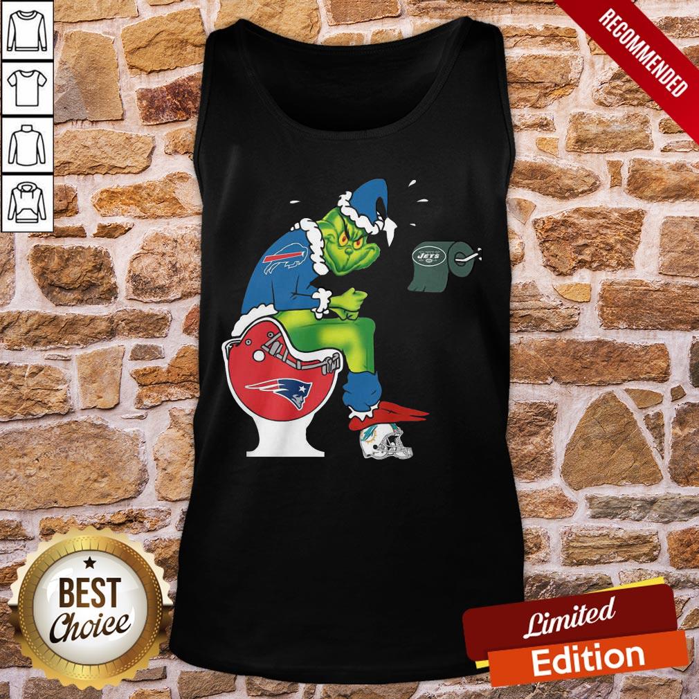Nice The Grinch Buffalo Bills Shit On Toilet New England Patriots And Other Teams Christmas Shirt - Image 3