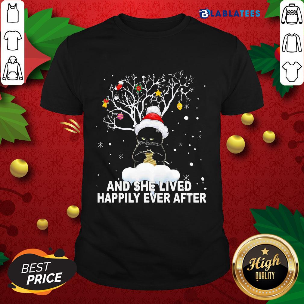 Nice Tree Black Cat Santa Crochet And She Lived Happily Ever After Christmas Shirt