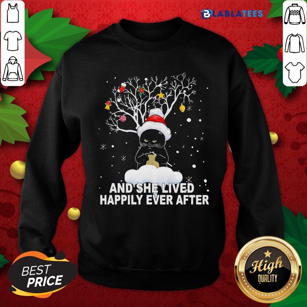 Nice Tree Black Cat Santa Crochet And She Lived Happily Ever After Christmas Shirt - Image 5